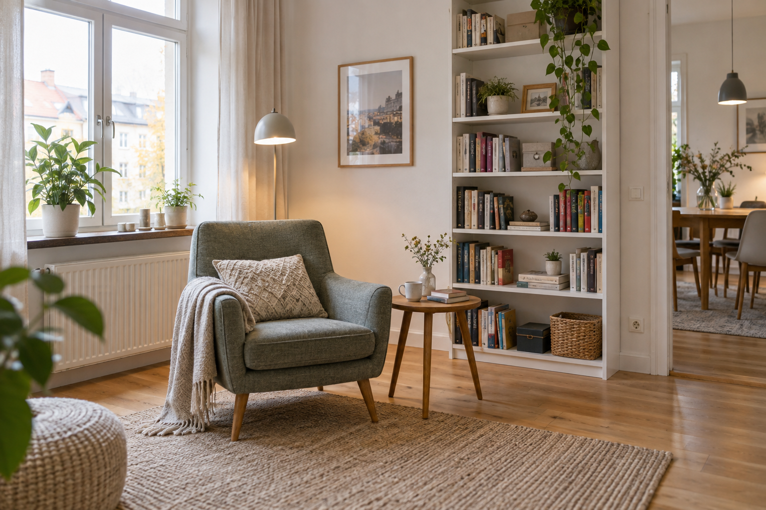 Helle Leseecke mit vollständig sichtbarem Sessel, Beistelltisch und Bücherregal
